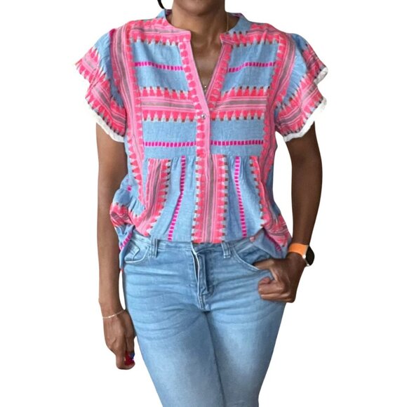 THML Boho Denim Chambray Flutter Sleeve Embroidered Top - Picture 3 of 12